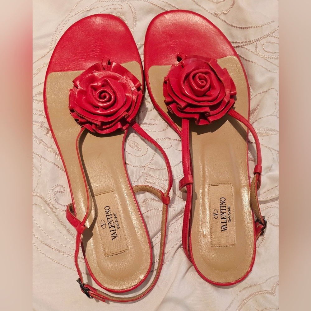 Valentino Garavani Pink-Red Floral Leather Slingback Sandals